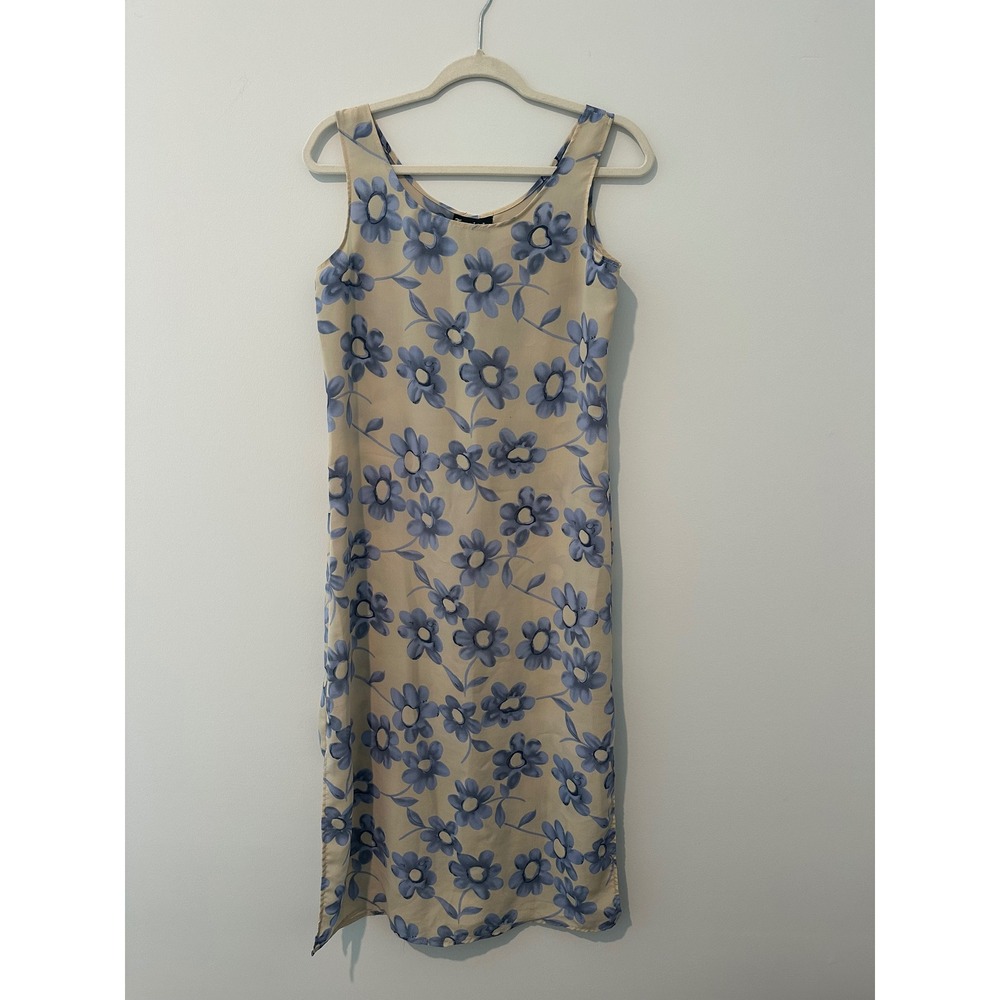 Vintage Tymings 90s Blue Daisy Floral Midi Dress Tan Sleeveless Sheath USA Made